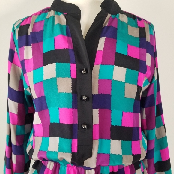 Britt Ryan 100% Silk Geometric Print Long Sleeve Blouson Dress Size M Colorful - Picture 12 of 15
